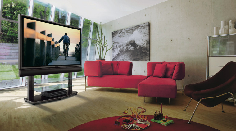 view of the new sharp aqous 65 inch architecture, chair, couch, floor, flooring, furniture, house, interior design, living room, real estate, room, table, wall, gray