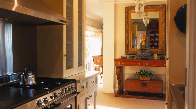 Classic style kitchen with contemporary stainless steel oven cabinetry, countertop, cuisine classique, flooring, home, interior design, kitchen, real estate, room, brown, orange