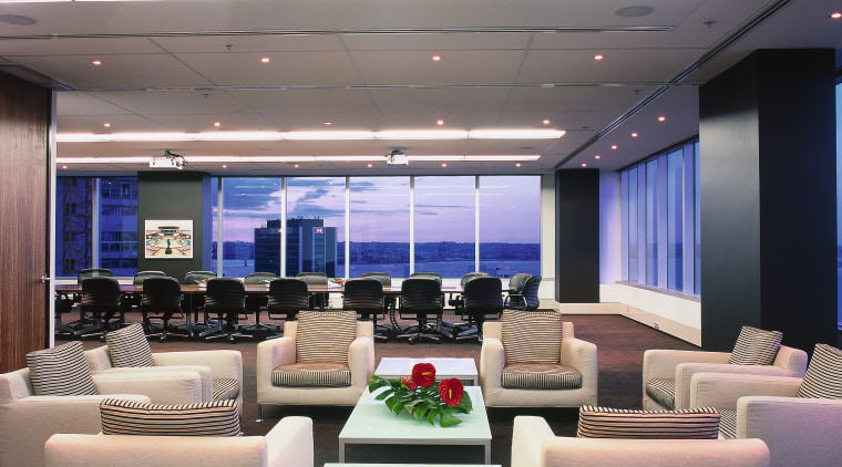 A view of the boardroom and lounge, white ceiling, conference hall, interior design, gray, black