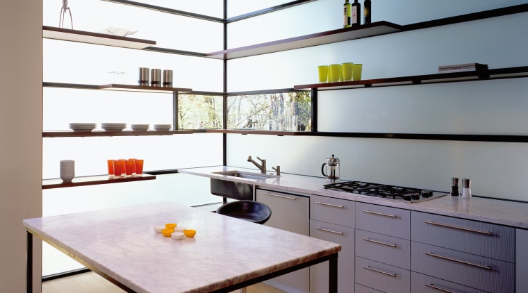 shelving in the kitchen is bolted onto the architecture, cabinetry, ceiling, countertop, floor, interior design, kitchen, room, gray