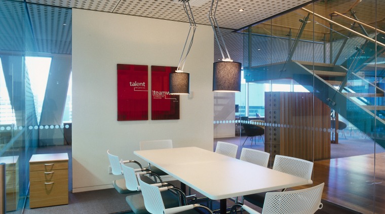 A view of the various interiors used within architecture, ceiling, daylighting, furniture, interior design, office, table, gray