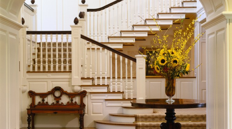 View of large interior staircase with timber flooring, architecture, baluster, ceiling, estate, floor, flooring, handrail, hardwood, home, interior design, lobby, stairs, structure, brown