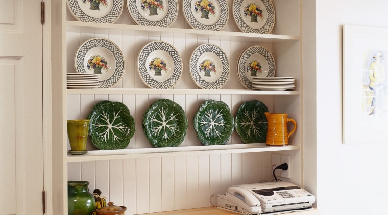 An example of one of Debra DeLorenzo's style cabinetry, furniture, interior design, kitchen, kitchen organizer, shelf, shelving, wall, gray