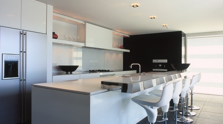 A view of the kitchen, black tiled floor, countertop, interior design, kitchen, product design, white, gray