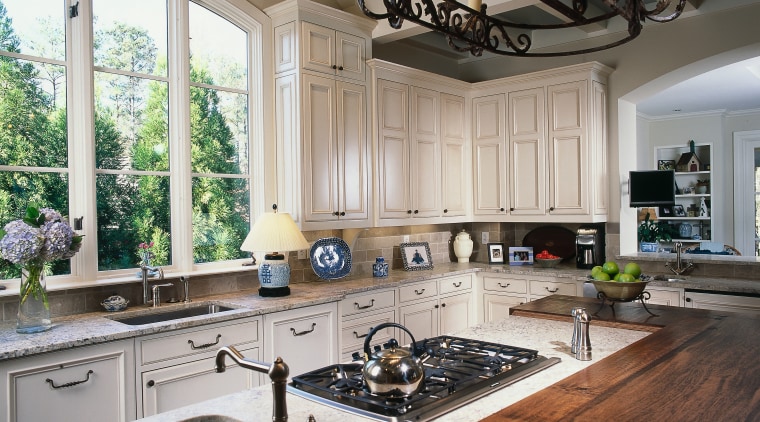 A view of the kitchen area, wooden cabinetry, countertop, home, interior design, kitchen, room, gray
