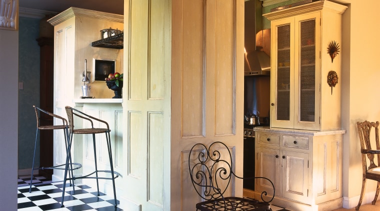 Classic style kitchen with aging effect paint finish, ceiling, door, flooring, furniture, interior design, room, structure, wall, window, orange