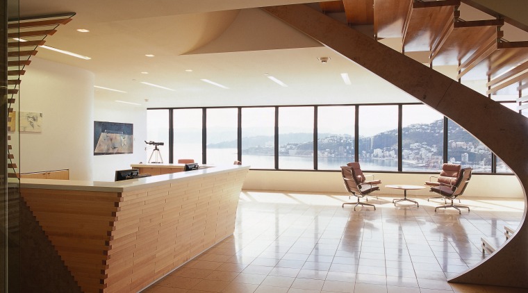 A view of the reception area, wooden deck architecture, ceiling, daylighting, floor, flooring, interior design, lobby, real estate, brown