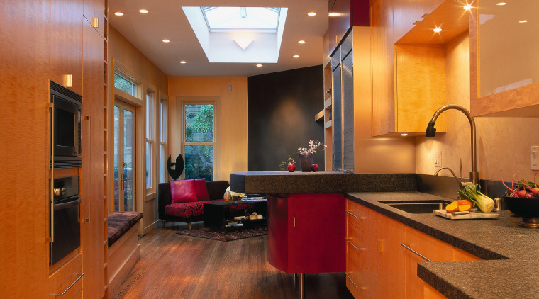 view of the kitchen featuring, polished timber flooring, cabinetry, ceiling, countertop, floor, flooring, hardwood, home, interior design, kitchen, real estate, room, wood flooring, brown