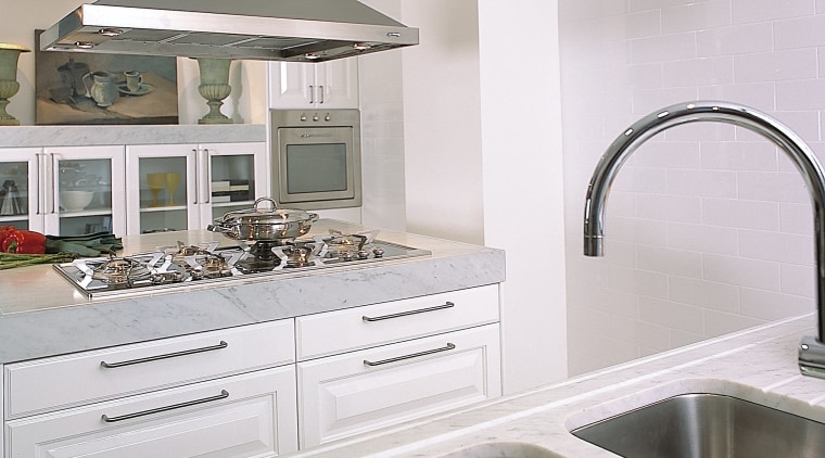 Kitchen with stone benchtops, twin sinks and stainless countertop, home, interior design, kitchen, room, tap, gray