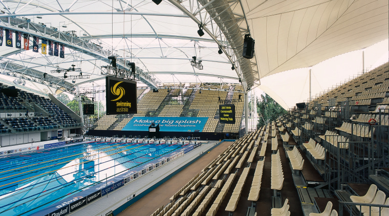 View of competition pool with tiered seating, PTFE arena, roof, sport venue, stadium, structure, white, black