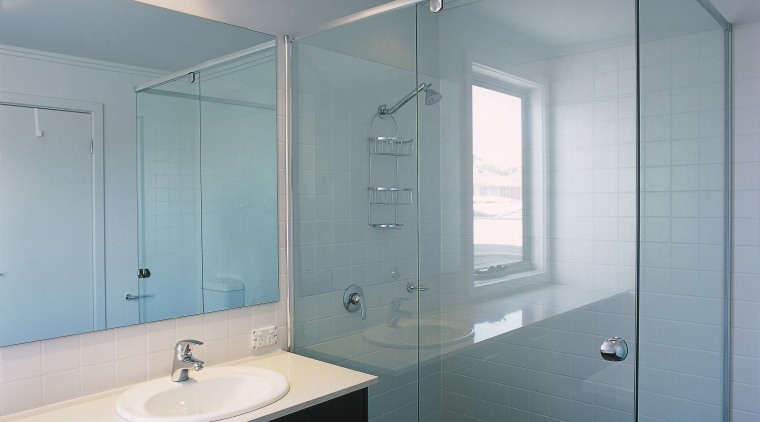 Bathroom with semi-frameless glass shower screen, black cabinetry architecture, bathroom, bathroom accessory, bathroom cabinet, ceiling, daylighting, glass, home, interior design, room, window, gray