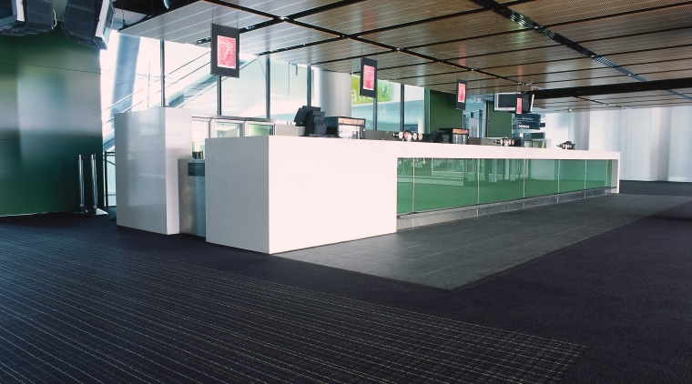 Large foyer lounge area at the MCG with architecture, daylighting, floor, flooring, glass, interior design, structure, black