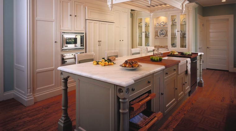 View of kitchen with furniture style cabinets, large cabinetry, countertop, cuisine classique, floor, flooring, hardwood, interior design, kitchen, room, wood flooring, black, gray