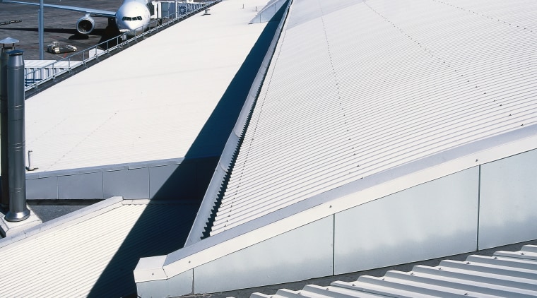 View of Dimond V-rib roof at airport. - architecture, automotive exterior, daylighting, fixed link, line, outdoor structure, roof, sky, structure, gray