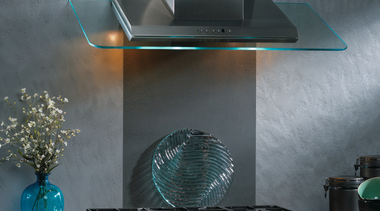 View of angled glass  kitchen hood with glass, interior design, light fixture, lighting, product design, gray, black