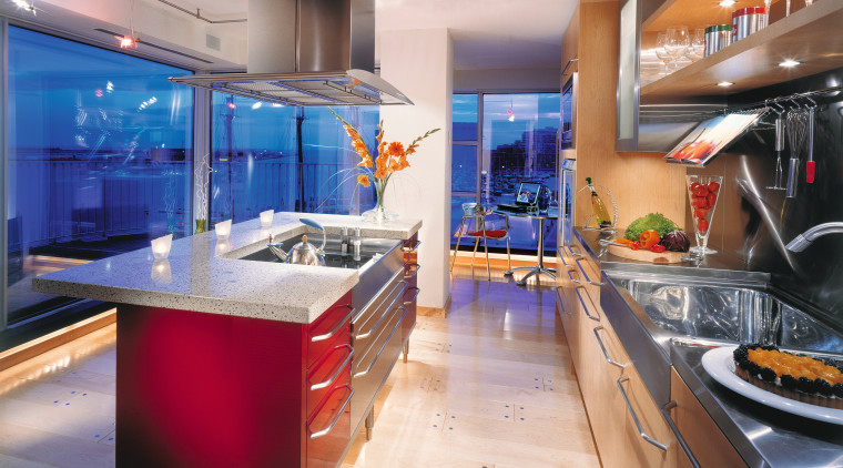 Modern kitchen with red island, timber cabinetry, stainless countertop, interior design, kitchen, gray