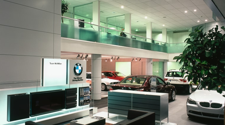 View of BMW showroom and waiting area. - ceiling, glass, interior design, gray, black