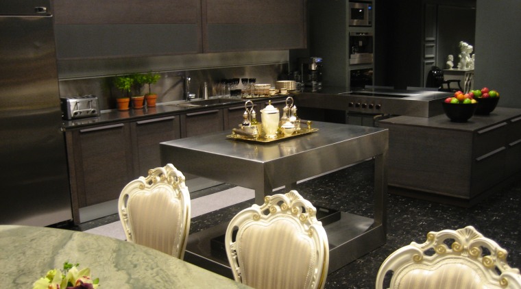 Gray coloured kitchen with stainless steel benchtop and countertop, interior design, kitchen, black