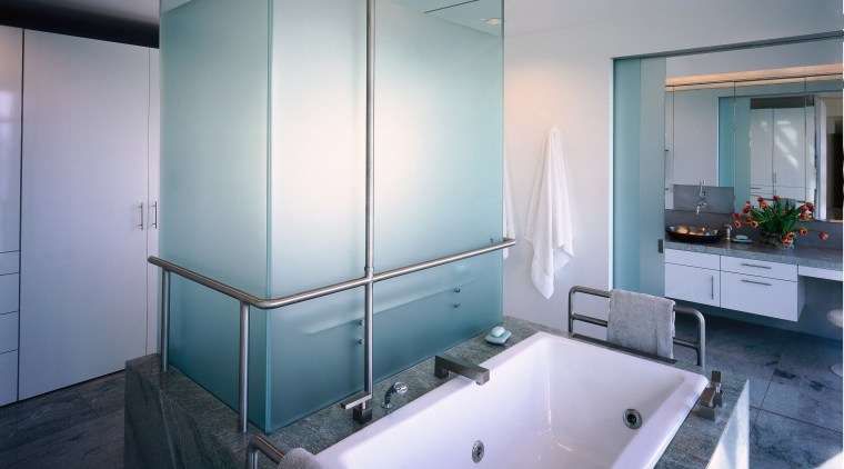 view of this bathroom featuring a large shower bathroom, glass, interior design, room, gray