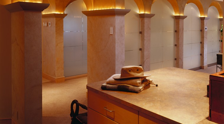 view of the column arches in the central architecture, bathroom, cabinetry, ceiling, countertop, floor, flooring, furniture, home, interior design, kitchen, light fixture, lighting, lobby, room, wall, brown