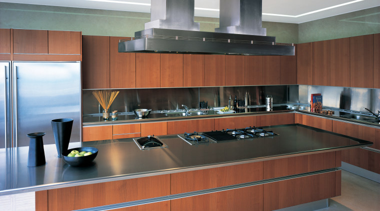 View of modern kitchen with brown wood cabinetry, cabinetry, countertop, interior design, kitchen, gray, brown