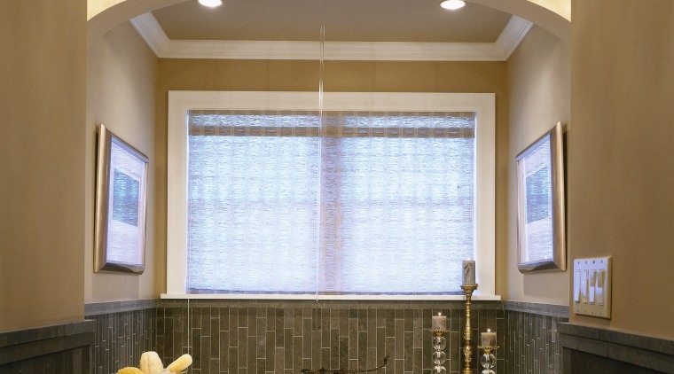 A view of the bathroom, tiled floor and architecture, bathroom, ceiling, daylighting, estate, home, interior design, real estate, room, window, brown