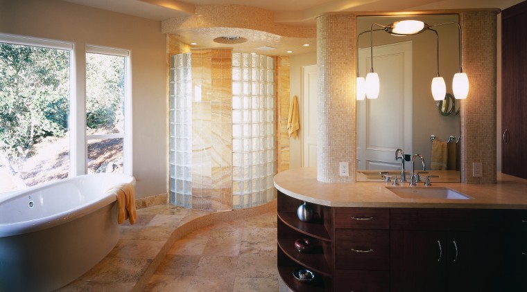 A view of the entire bathroom, tiled floor, bathroom, cabinetry, ceiling, countertop, floor, flooring, home, interior design, property, real estate, room, tile, wall, window, brown