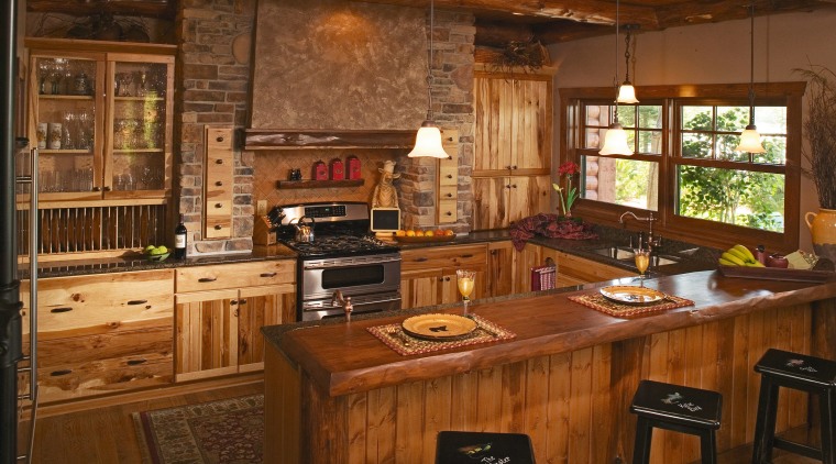 Rustic style kitchen with timber cabinetry, thick timber cabinetry, countertop, cuisine classique, interior design, kitchen, wood, brown
