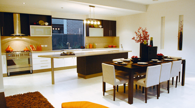 A view of a NSD home. - A dining room, interior design, kitchen, living room, real estate, room, table, white