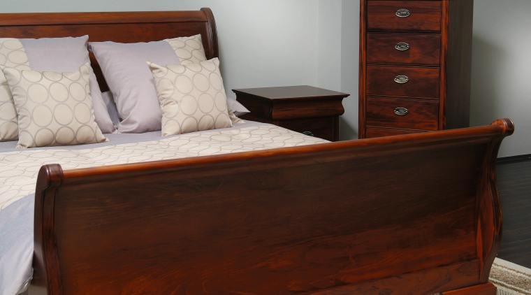 Kauri bedroom suite including bed, side tables and bed, bed frame, bed sheet, bedroom, chest of drawers, drawer, furniture, hardwood, mattress, nightstand, product, wood, wood stain, red, gray