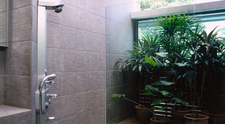 view of this bathroom that has a natural architecture, bathroom, interior design, real estate, gray, black