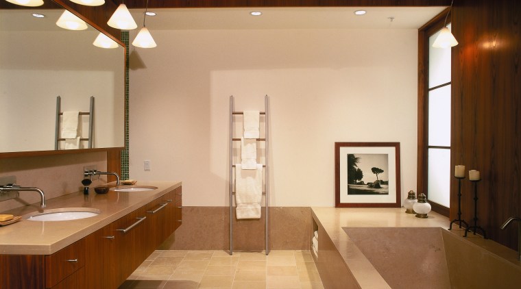 view of the bathroom featuring teak veneer vanity architecture, bathroom, ceiling, countertop, daylighting, floor, flooring, home, house, interior design, real estate, room, sink, orange, brown