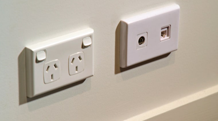 View of phone and tv ports. - View ac power plugs and socket outlets, computer component, electronic device, electronics accessory, power supply, product design, technology, gray
