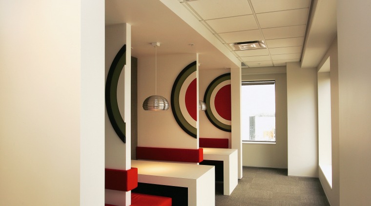 Mini breakout areas in office with graphic bulls-eye ceiling, interior design, lobby, white, orange