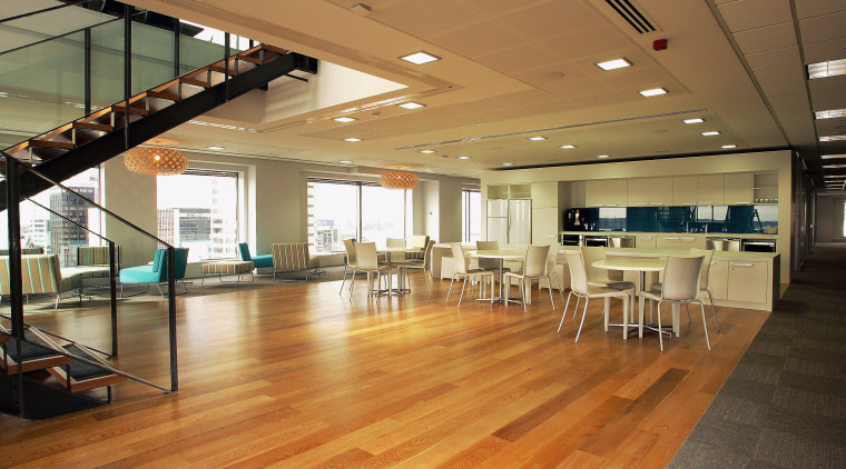 Large open office area with timber flooring, and ceiling, daylighting, floor, flooring, hardwood, interior design, laminate flooring, lobby, wood, wood flooring, brown, orange
