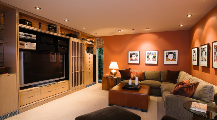 view of the family living/home theatre area featuring ceiling, home, interior design, living room, room, wall, brown, orange