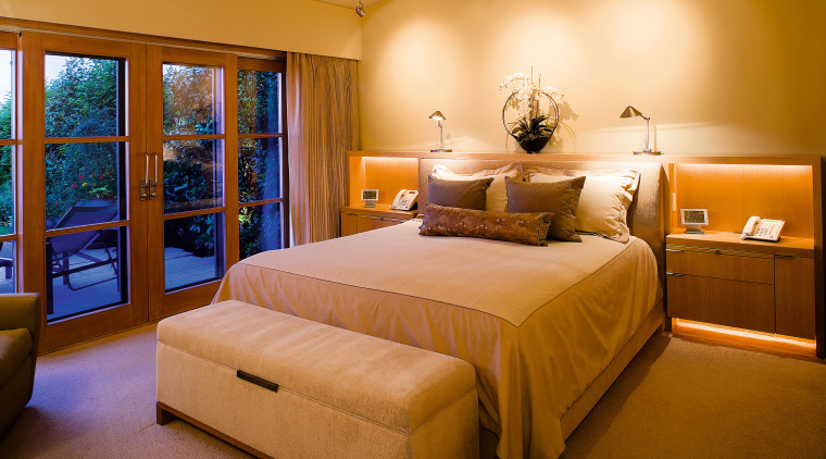 view of the master bedroom with an bed, bed frame, bedroom, ceiling, interior design, real estate, room, suite, orange, brown