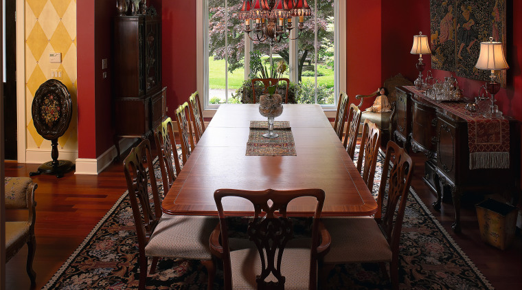 A view of the dining area, wooden flooring, ceiling, dining room, flooring, furniture, home, interior design, living room, room, table, wall, black