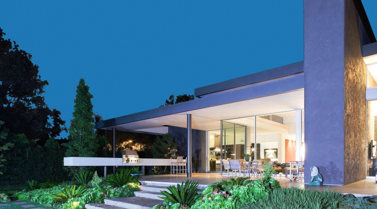 An exterior view of the patio area. - architecture, elevation, estate, facade, home, house, property, real estate, residential area, villa, teal