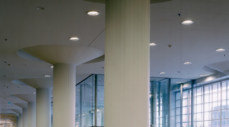 A view of the lobby area. - A architecture, ceiling, column, daylighting, daytime, glass, interior design, lobby, structure, tourist attraction, gray