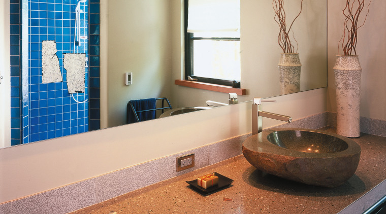 A view of a bathroom by Chadine Interior architecture, bathroom, ceiling, countertop, daylighting, floor, flooring, home, house, interior design, real estate, room, sink, window, gray, brown