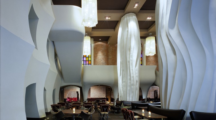 view of the restaurant that was designed and architecture, ceiling, furniture, interior design, lobby, restaurant, table, gray