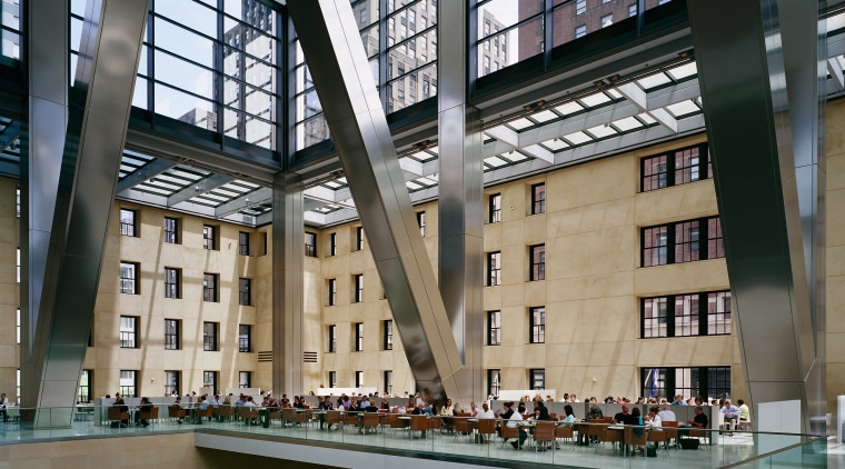view of the builinding atrium featuring a sculptural apartment, architecture, building, condominium, daylighting, metropolitan area, mixed use, window, gray, black