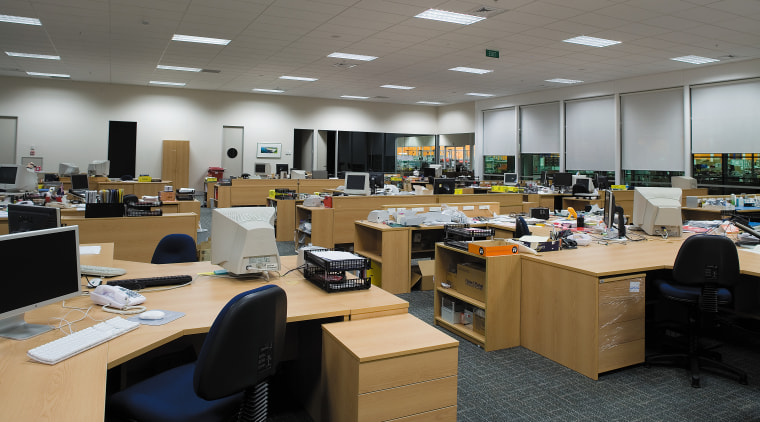 A view of the office furniture. - A classroom, desk, electronics, furniture, institution, interior design, office, personal computer, technology, gray