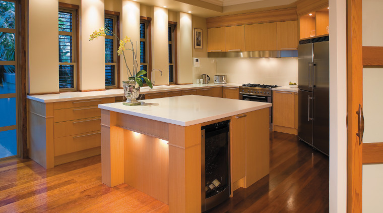 A view of a granite kitchen by the cabinetry, countertop, floor, flooring, hardwood, interior design, kitchen, real estate, room, wood, wood flooring, brown, orange