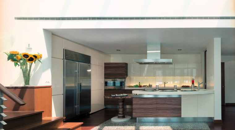 view of this kitchen featuring zebra wood interior design, kitchen, gray