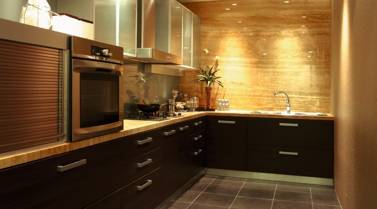 view of this kitchen from Art et Domain cabinetry, countertop, cuisine classique, floor, flooring, interior design, kitchen, room, under cabinet lighting, brown, black