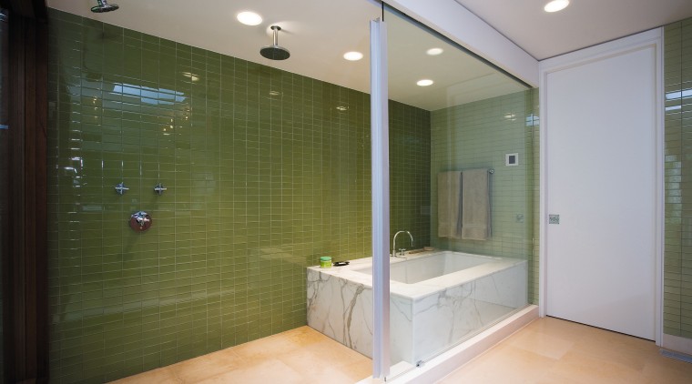 An extensive remodeling project has transformed this 1970s architecture, bathroom, ceiling, floor, glass, home, interior design, real estate, room, tile, window, gray, brown