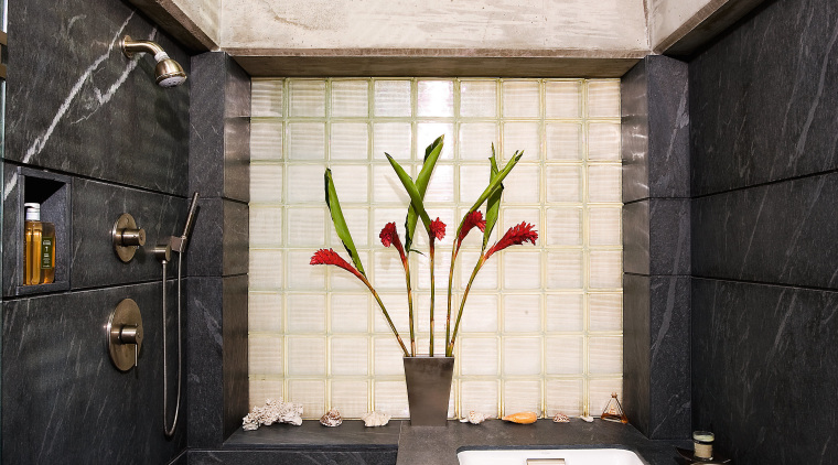 A view of a bathroom designed by David architecture, bathroom, daylighting, estate, home, house, interior design, property, real estate, wall, window, black, white