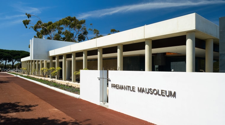 Exterior view of the freemantle Mausoleum featuring glass architecture, building, commercial building, corporate headquarters, facade, property, real estate, sky, white